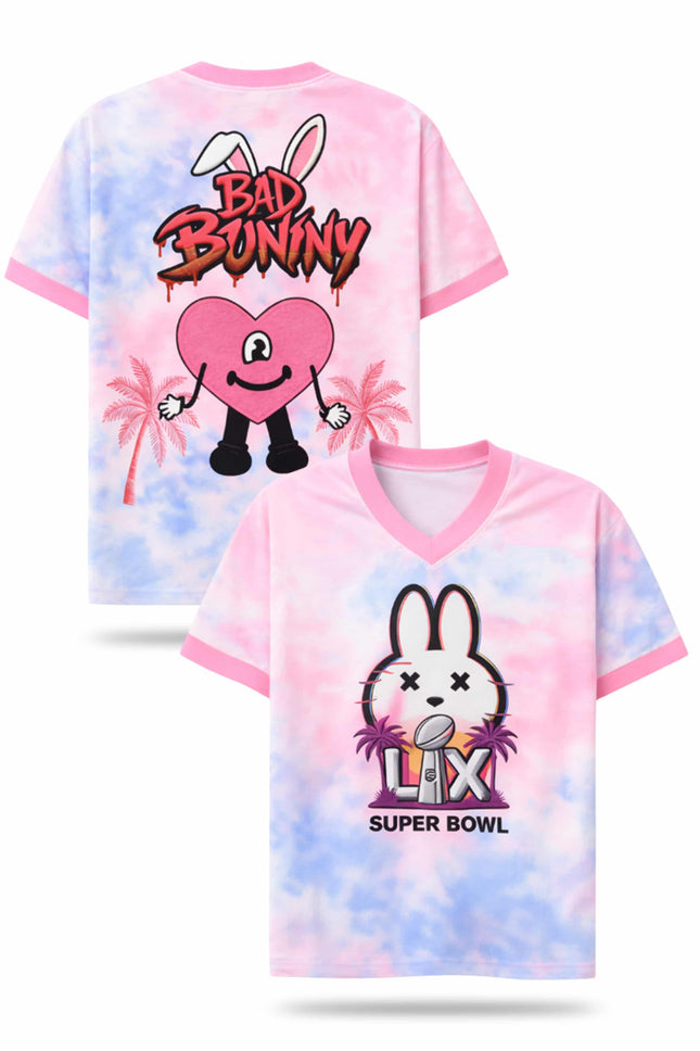 Bad Bunny Puerto Rico Print V-Neck Short Sleeve T-Shirt